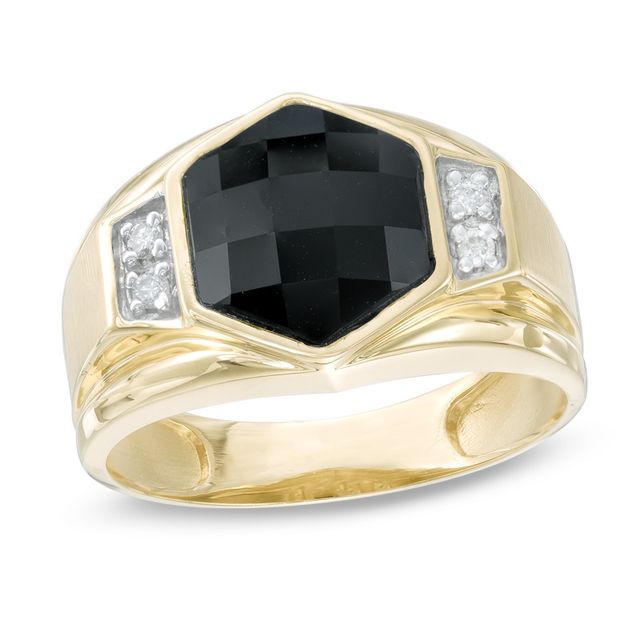 Previously Owned - Men's 10.0mm Faceted Hexagonal Onyx and 1/20 CT. T.w. Diamond Ring in 10K Gold