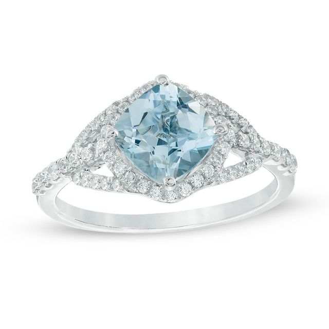 Previously Owned - 7.0mm Cushion-Cut Aquamarine and 1/3 CT. T.w. Diamond Frame Ring in 10K White Gold