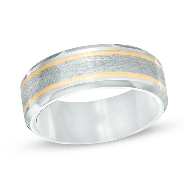 Previously Owned - Triton Men's 9.0mm Comfort Fit Grey Tungsten Wedding Band with 14K Gold Stripes