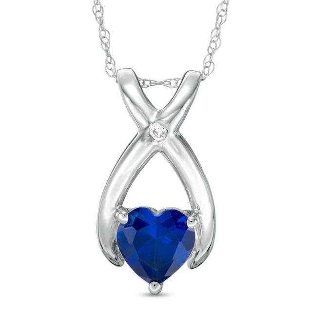 Previously Owned - 6.0mm Heart-Shaped Lab-Created Blue Sapphire and Diamond Accent Wishbone Pendant in 10K White Gold