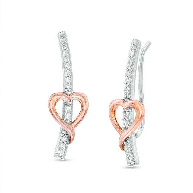 Previously Owned - 1/5 CT. T.w. Diamond Heart Crawler Earrings in Sterling Silver and 10K Rose Gold