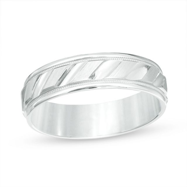 Previously Owned - Men's 6.0mm Brushed Milgrain Slant Comfort Fit Wedding Band in 14K White Gold