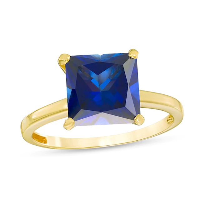 Previously Owned - 8.0mm Princess-Cut Lab-Created Blue Sapphire Solitaire Ring in 10K Gold