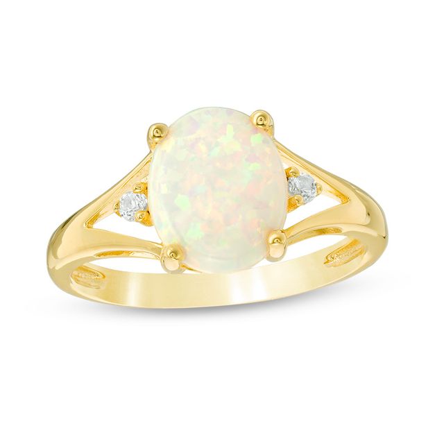 Previously Owned - Oval Lab-Created Opal and White Sapphire Split Shank Ring in Sterling Silver with 14K Gold Plate