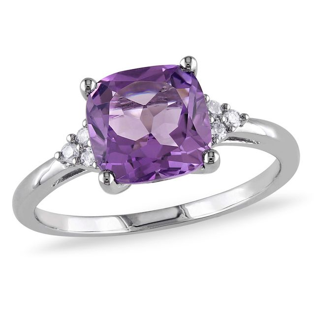 Previously Owned - 8.0mm Cushion-Cut Amethyst and 1/20 CT. T.w. Diamond Tri-Sides Ring in 10K White Gold