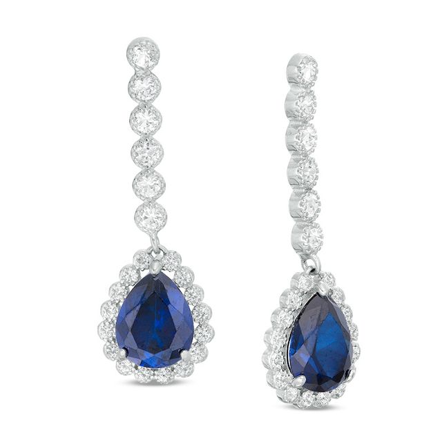 Previously Owned - Pear-Shaped Lab-Created Blue and White Sapphire Framed Vintage-Style Drop Earrings in Sterling Silver