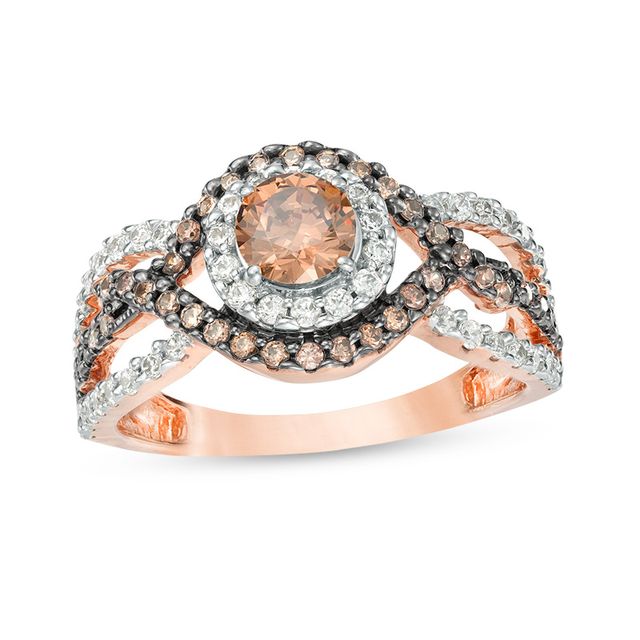 Previously Owned - 7/8 CT. T.w. Champagne and White Diamond Bypass Frame Engagement Ring in 10K Rose Gold