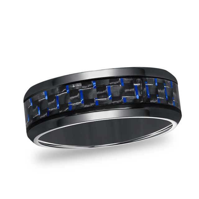 Previously Owned - Triton Men's 8.0mm Comfort-Fit Blue Carbon fiber Wedding Band in Black Titanium