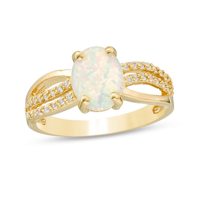 Previously Owned - Oval Lab-Created Opal and White Topaz Crossover Ring in Sterling Silver with 18K Gold Plate