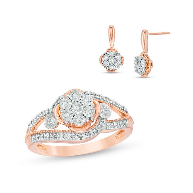 Previously Owned - 1/4 CT. T.w. Diamond Bypass Flower Ring and Earrings Set in Sterling Silver with 10K Rose Gold Plate