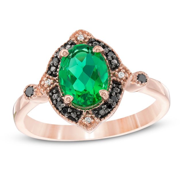 Previously Owned - Lab-Created Emerald and 1/15 CT. T.w. Black and White Diamond Vintage-Style Ring in 10K Rose Gold