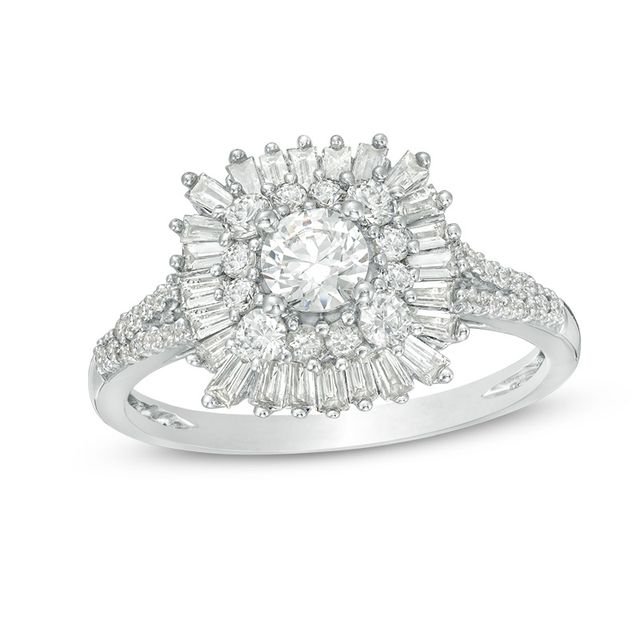 Previously Owned - 1 CT. T.w. Diamond Double Cushion Sunburst Frame Engagement Ring in 14K White Gold