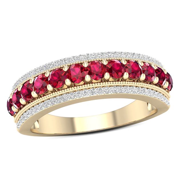 Previously Owned - Ruby and 1/6 CT. T.w. Diamond Border Triple Row Vintage-Style Ring in 10K Gold