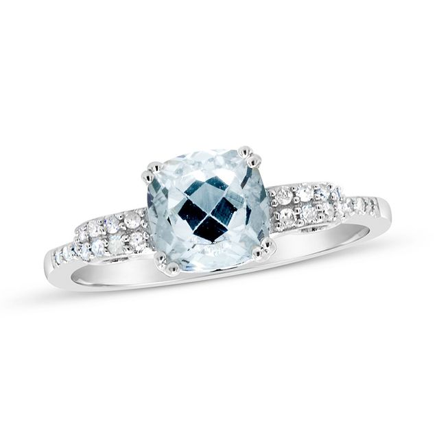 Previously Owned - Cushion-Cut Aquamarine and 1/10 CT. T.w. Diamond Scrolling Ribbon Side Accent Ring in Sterling Silver