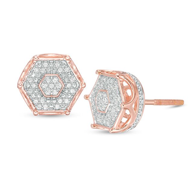 Previously Owned - Men's 1/6 CT. T.w. Multi-Diamond Hexagon Stud Earrings in Sterling Silver with 14K Rose Gold Plate