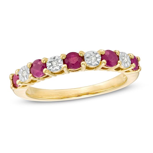 Previously Owned - Ruby and Diamond Accent Nine Stone Ring in 10K Gold - Size 7