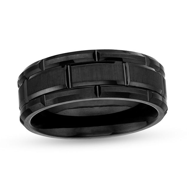 Previously Owned - Men's 8.0mm Multi-Finish Brick Pattern Wedding Band in Tungsten with Black IP