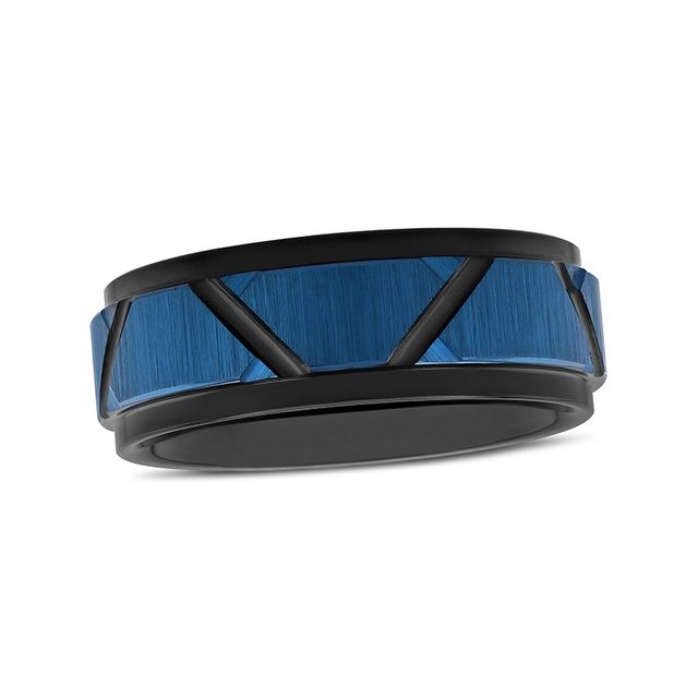 Previously Owned - Men's 8.0mm Brushed Geometric Pattern Stepped Edge Wedding Band in Tantalum with Black and Blue IP