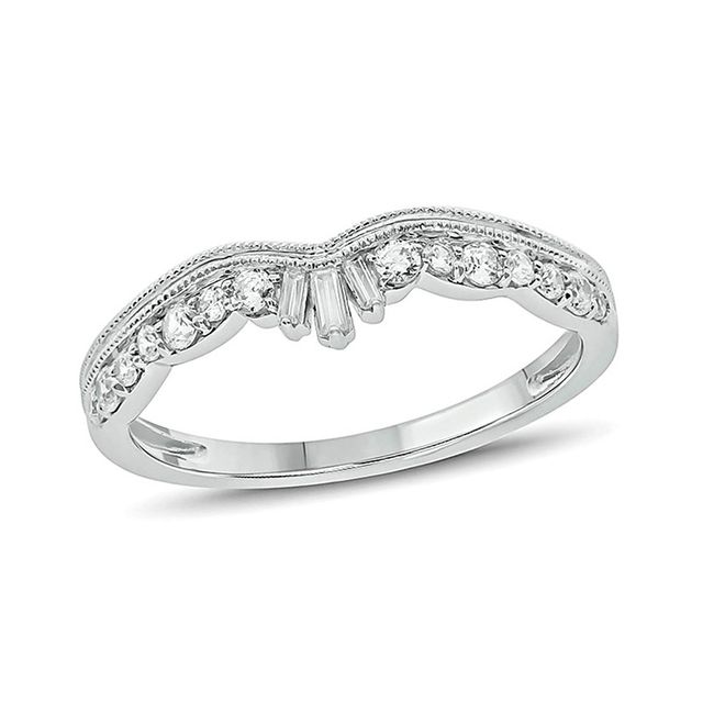 Previously Owned - 1/4 CT. T.w. Baguette and Round Diamond Vintage-Style Contour Wedding Band in 10K White Gold