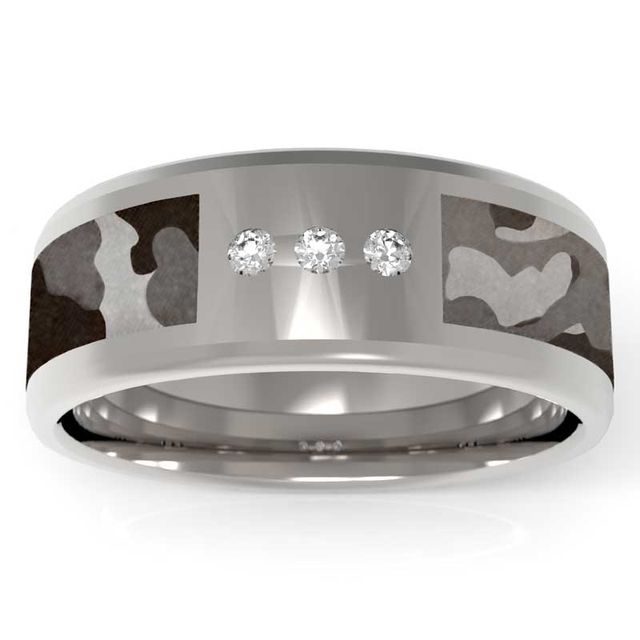 Previously Owned - Men's Three Stone Diamond Accent Grey Camouflage Inlay Stainless Steel Band