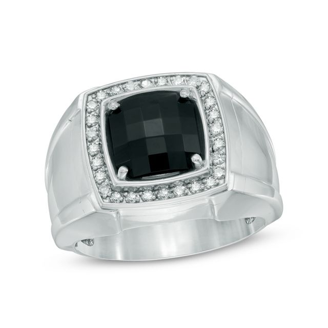 Previously Owned - Men's 9.0mm Cushion-Cut Black Onyx and 1/4 CT. T.w. Diamond Comfort Fit Ring in Sterling Silver