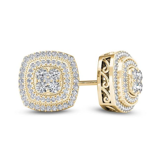 Previously Owned - 1/2 CT. T.w. Composite Diamond Vintage-Style Double Cushion Frame Stud Earrings in 10K Gold