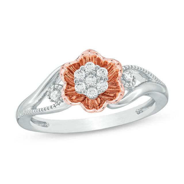 Previously Owned - 1/8 CT. T.w. Composite Diamond Flower Promise Ring in Sterling Silver with 10K Rose Gold Plate