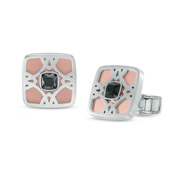 Previously Owned - Cushion-Cut Lab-Created Black Spinel Tribal-Style Cuff Links in Two-Tone Stainless Steel