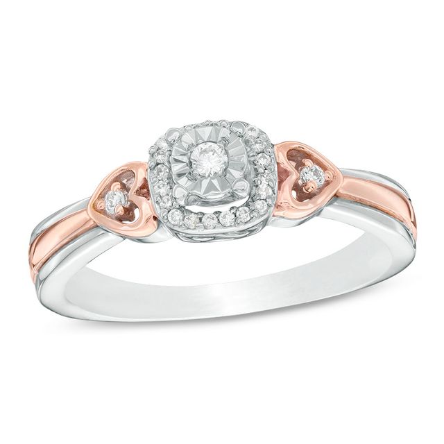 Previously Owned - 1/10 CT. T.w. Diamond Cushion Frame Heart-Sides Promise Ring in Sterling Silver and 10K Rose Gold