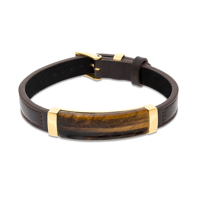 Previously Owned - Men's Rectangle Tiger's Eye and Brown Leather Bracelet in Stainless Steel with Yellow IP - 9.5"