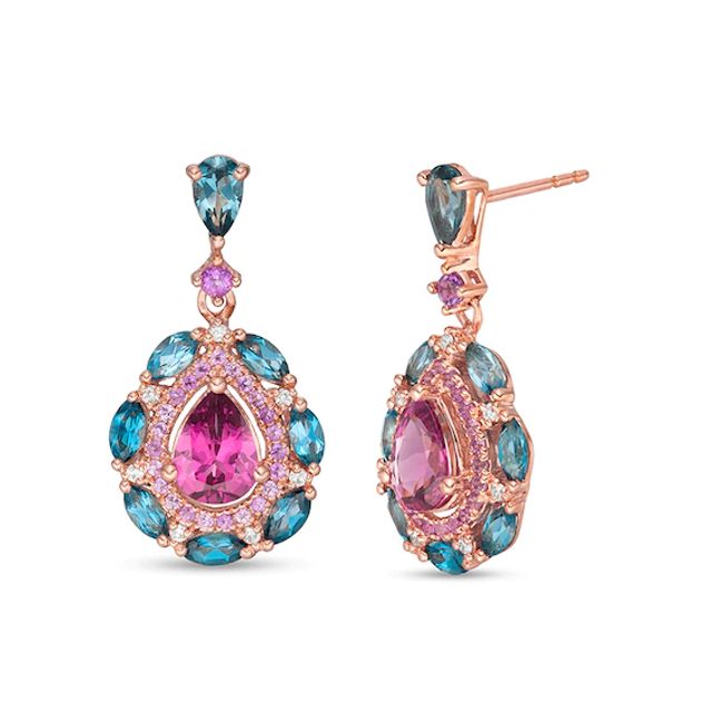 Previously Owned - Rhodolite Garnet, Blue Topaz, Amethyst and 1/20 CT. T.w. Diamond Drop Earrings in 14K Rose Gold