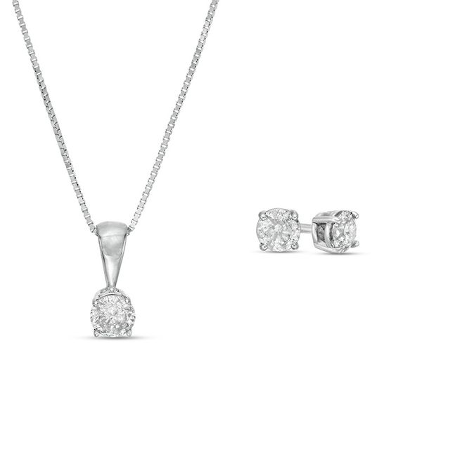 Previously Owned - 1/2 CT. T.w. Diamond Solitaire Pendant and Stud Earrings Set in 10K White Gold (I/I3)