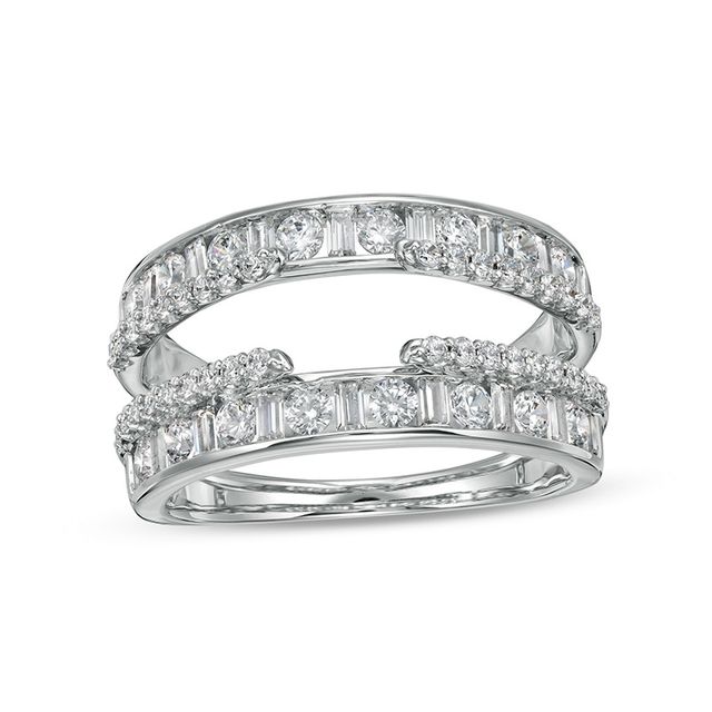 Previously Owned - 1-1/4 CT. T.w. Baguette and Round Diamond Alternating Double Row Solitaire Enhancer in 14K White Gold