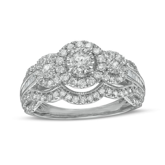 Previously Owned - 1 CT. T.w. Diamond Past Present FutureÂ® Scallop Vintage-Style Engagement Ring in 10K White Gold