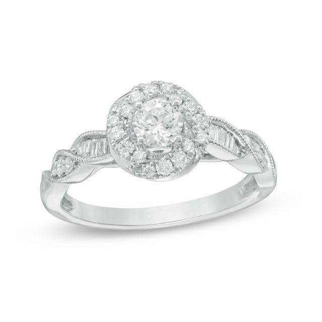 Previously Owned - 5/8 CT. T.w. Diamond Orbit Frame Twist Vintage-Style Engagement Ring in 14K White Gold - Size 7
