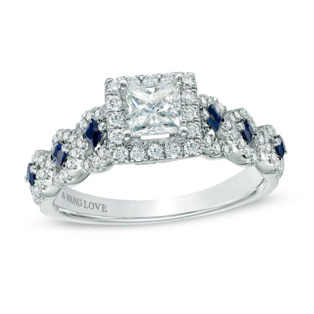 Previously Owned Vera Wang Love Collection 1 CT. T.w. Diamond and Blue Sapphire Engagement Ring in 14K White Gold