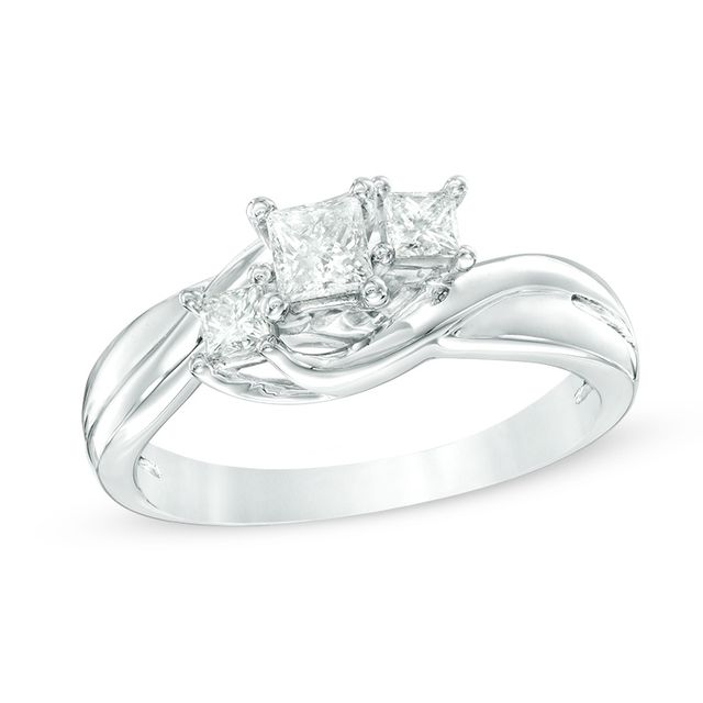 Previously Owned 1/2 CT. T.w. Princess-Cut Diamond Three Stone Swirl Engagement Ring in 14K White Gold