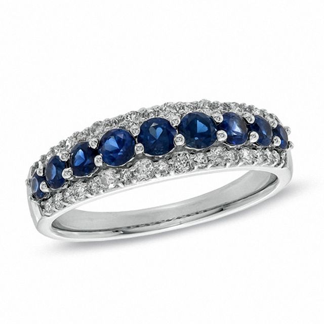 Previously Owned Blue Sapphire and 1/3 CT. T.w. Diamond Band in 14K White Gold