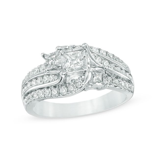 Previously Owned 1 CT. T.w. Princess-Cut Diamond Past Present FutureÂ® Slant Swirl Engagement Ring in 10K White Gold