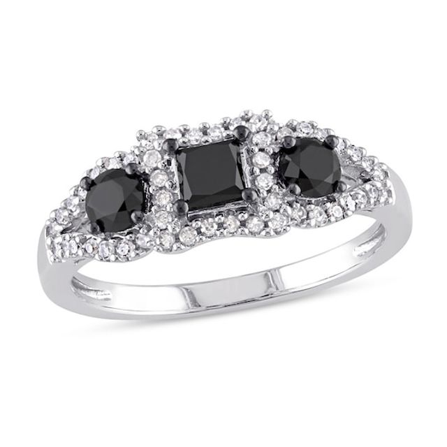 Previously Owned 1 CT. T.w. Princess-Cut Black and White Diamond Three Stone Frame Engagement Ring in 10K White Gold