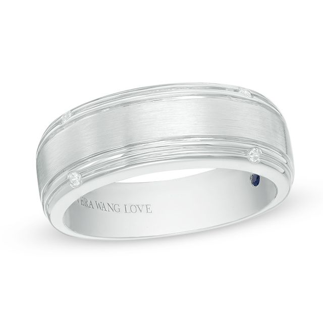 Previously Owned Vera Wang Love Collection Men's 1/20 CT. T.w. Diamond Four Stone Wedding Band in 14K White Gold