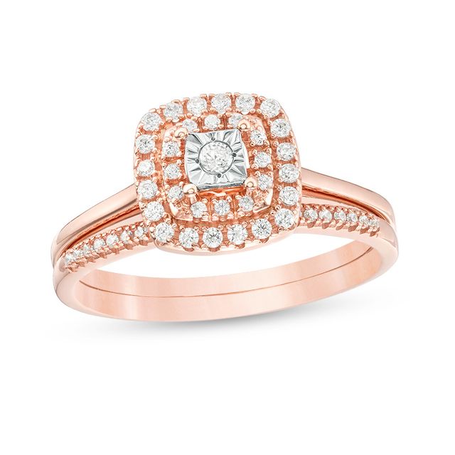 Previously Owned 1/4 CT. T.w. Diamond Double Cushion Frame Soldered Bridal Set in 10K Rose Gold