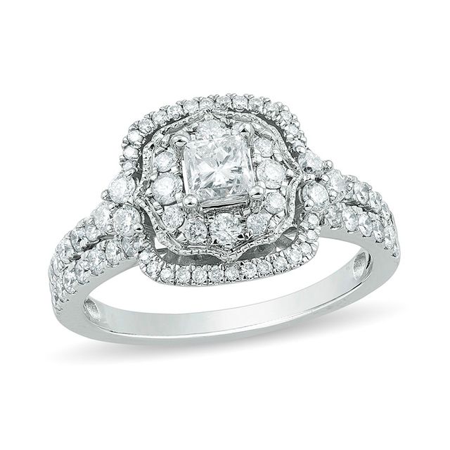 Previously Owned 1-1/4 CT. T.w. Princess-Cut Diamond Ornate Cushion Frame Vintage-Style Engagement Ring in 14K White Gold