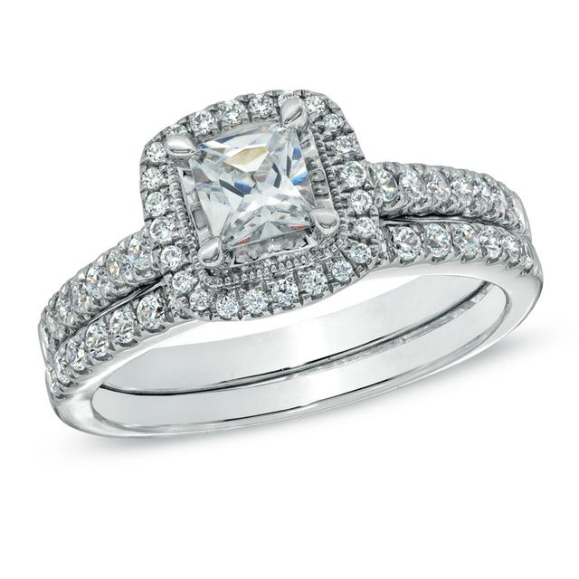 Previously Owned Celebration Ideal 1 CT. T.w. Princess-Cut Diamond Vintage-Style Bridal Set in 14K White Gold (J/I1)