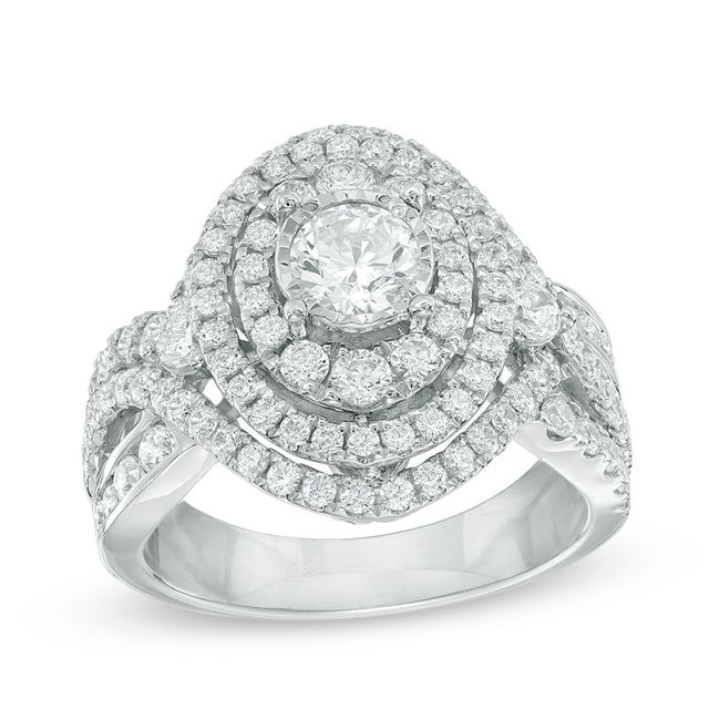 Previously Owned 2 CT. T.w. Diamond Oval Frame Split Shank Engagement Ring in 14K White Gold