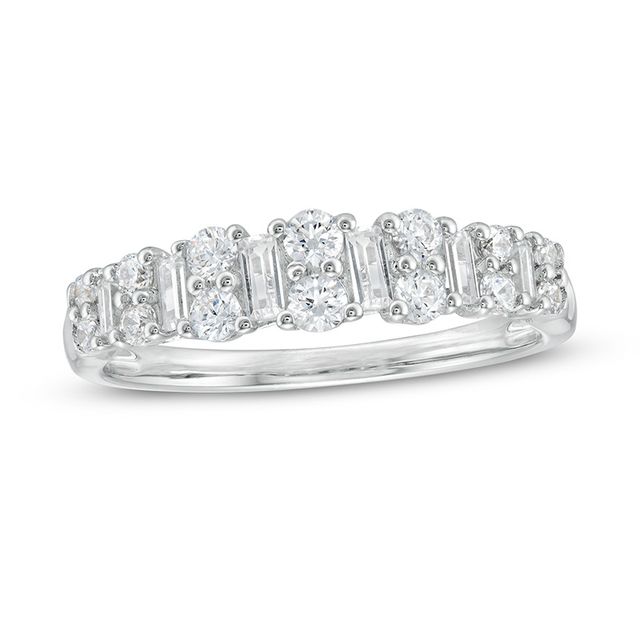 Previously Owned 5/8 CT. T.w. Baguette and Round Diamond Band in 14K White Gold