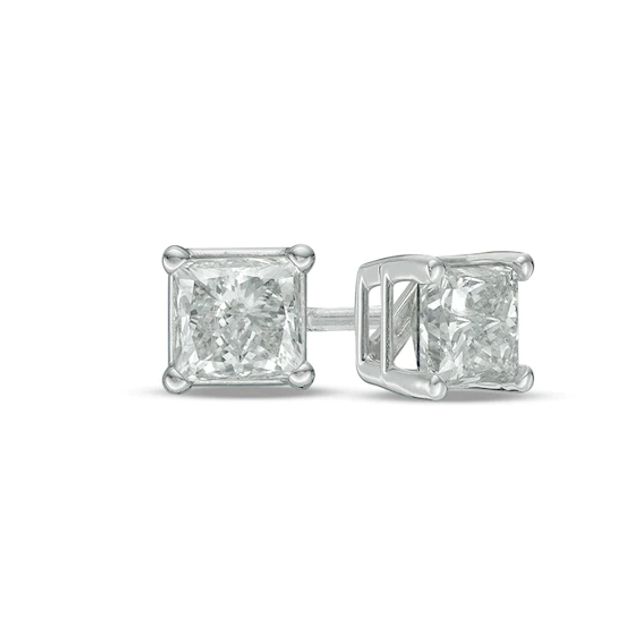 Previously Owned - 1 CT. T.w. Princess-Cut Diamond Solitaire Stud Earrings in 14K White Gold (J/I3)