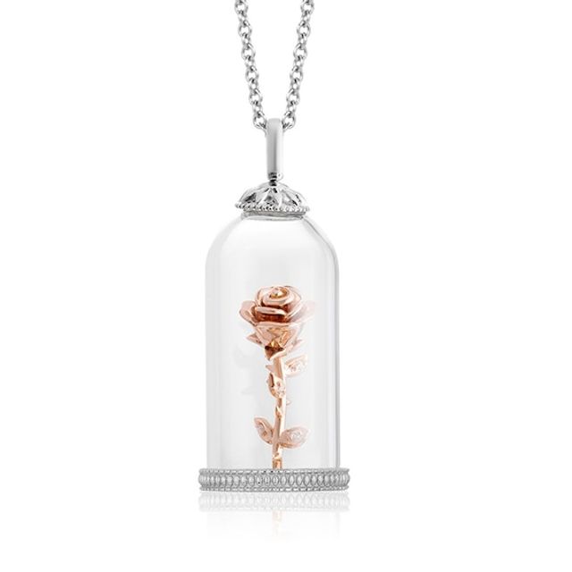Previously Owned - Enchanted Disney Belle Diamond Accent Rose in Dome Pendant in Sterling Silver and 10K Rose Gold - 24"