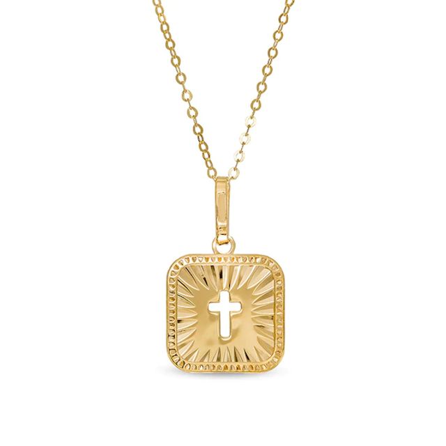 Previously Owned - Cut-Out Cross Diamond-Cut Sunburst Square Medallion Pendant in 10K Gold