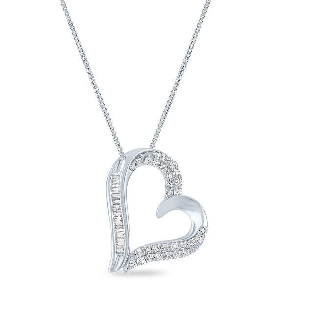 Diamond Heart Necklace 2 ct tw Round/Baguette 14K White Gold